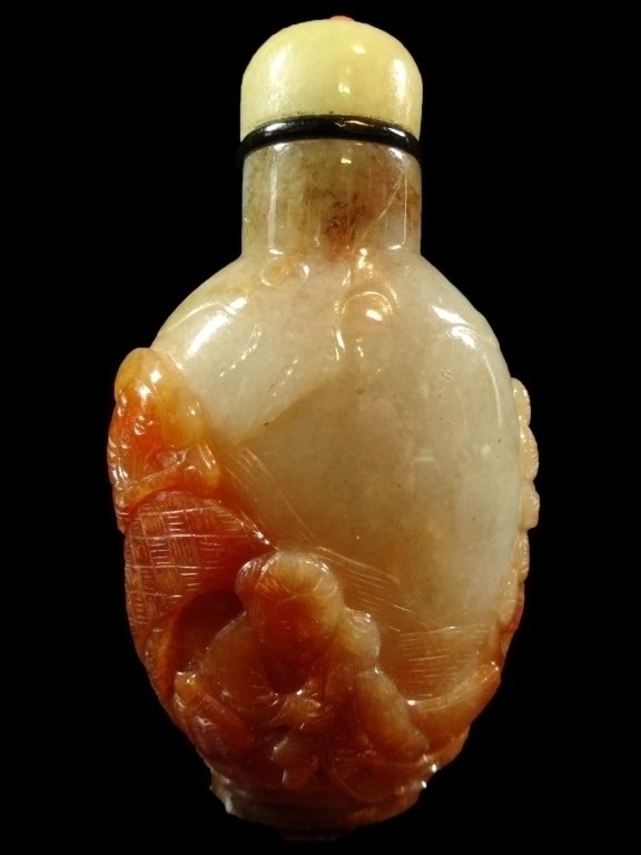 JADEITE SNUFF BOTTLE WITH ORANGE SKIN CARVED WITH TWO (1 of 6)