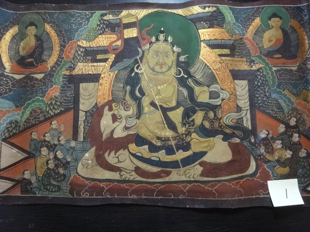 VINTAGE TIBETAN THANGKA PAINTED ON LEATHER, 23"W X (1 of 6)