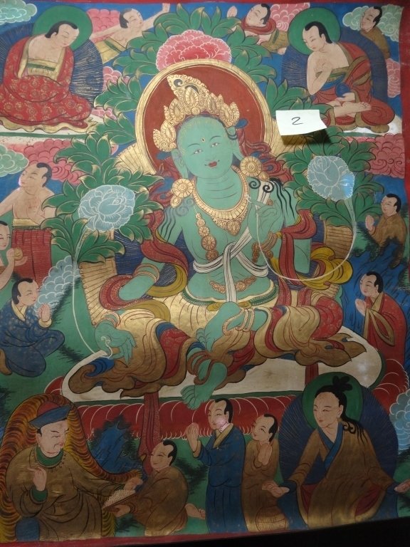 VINTAGE TIBETAN THANGKA PAINTED ON LEATHER, 19"W X (1 of 6)