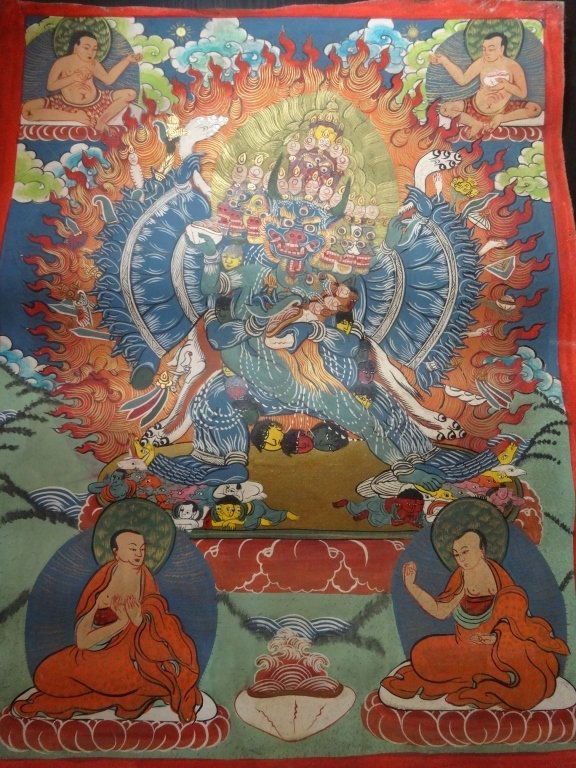 VINTAGE TIBETAN THANGKA PAINTED ON LEATHER, 17"W X (1 of 6)