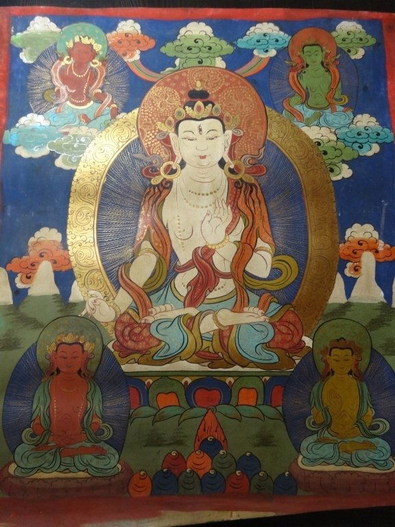 VINTAGE TIBETAN THANGKA PAINTED ON LEATHER, 19"W X (1 of 5)