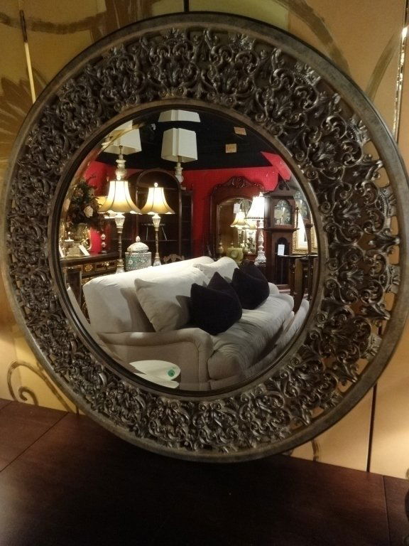 ORNATE SILVER FINISH ROUND MIRROR, APPROX 3'W, (1 of 4)