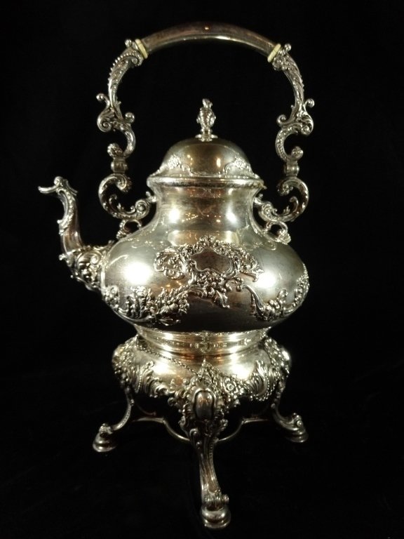 STERLING SILVER TEA KETTLE ON STAND, WITH BURNER, (1 of 10)