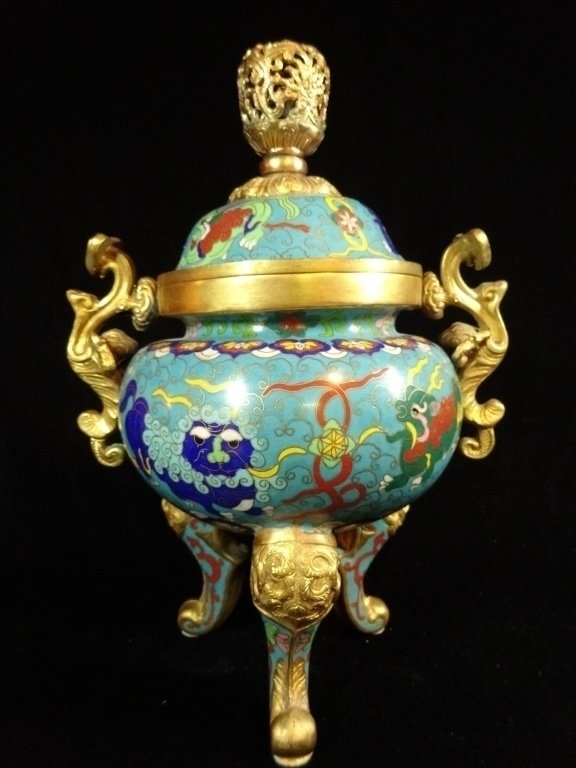 CHINESE CLOISONNE ROUND URN WITH LID, GILT HANDLES, (1 of 7)