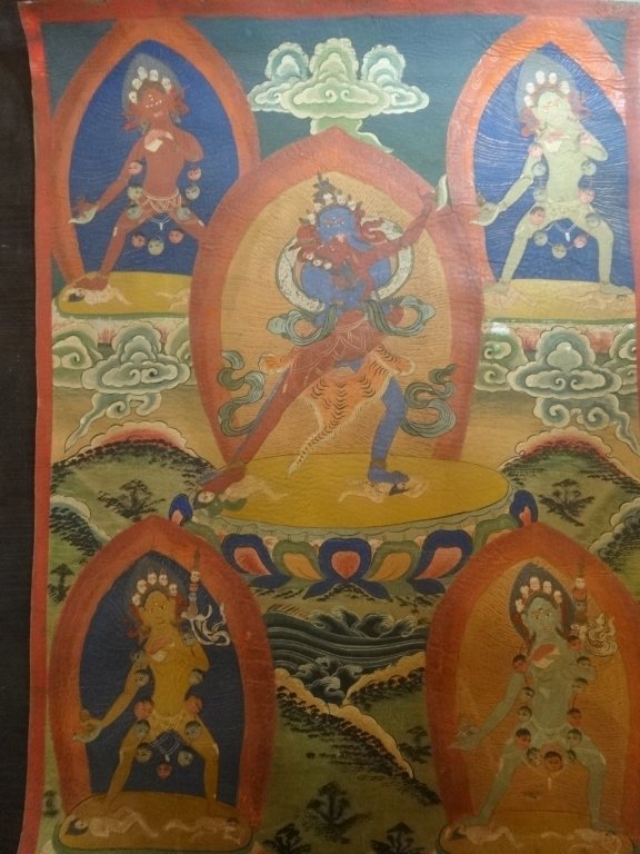 VINTAGE TIBETAN THANGKA PAINTED ON LEATHER, 16"W X (1 of 7)