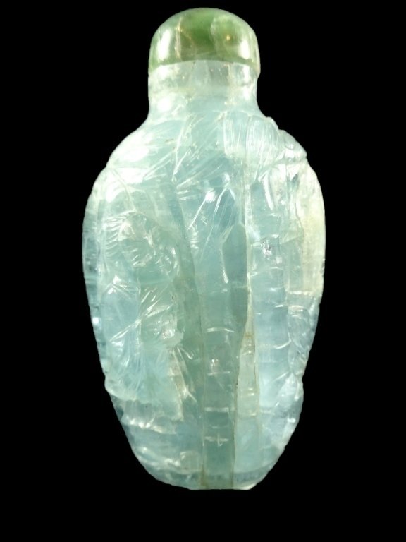 AQUAMARINE SNUFF BOTTLE, CHILD AND BAMBOO CARVED ON THE (1 of 10)
