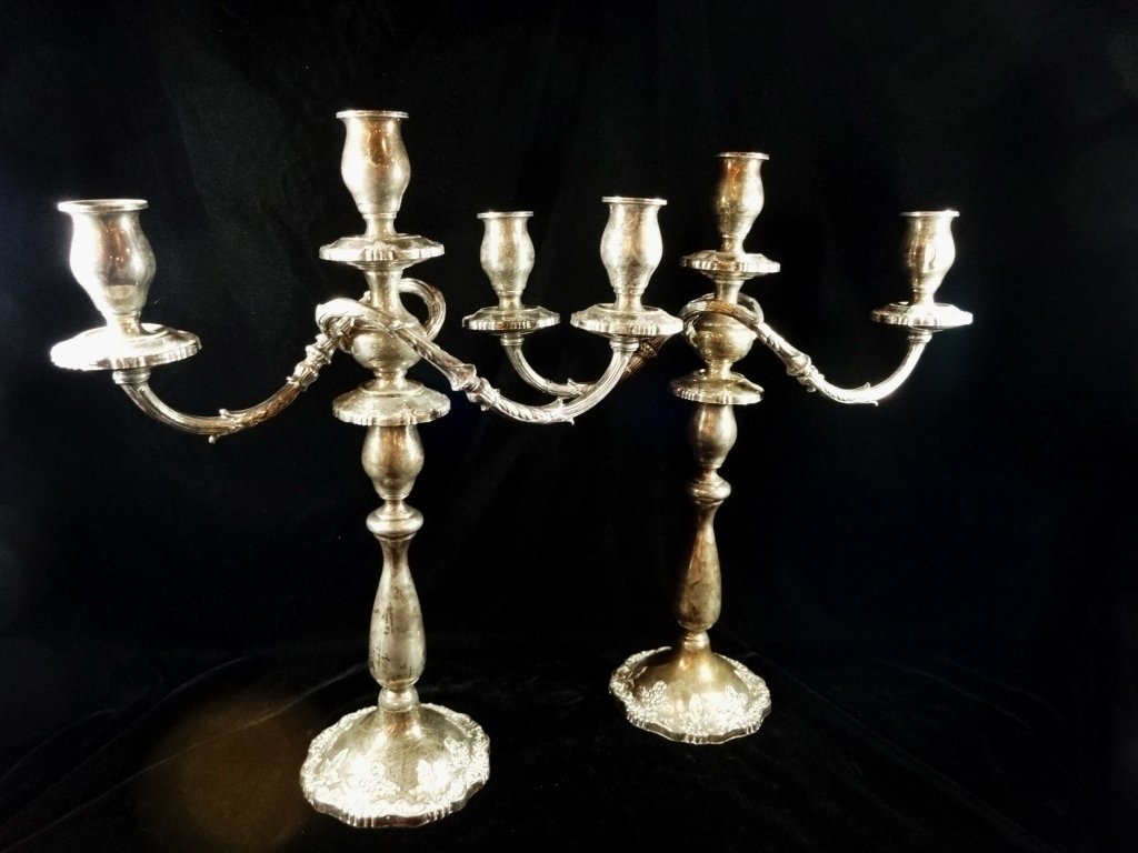 PAIR ORNATE FISHER STERLING SILVER 3 LIGHT CANDELABRA, (1 of 7)
