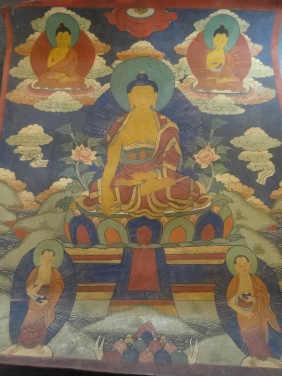 VINTAGE TIBETAN THANGKA PAINTED ON LEATHER, 18.5"W X (1 of 5)