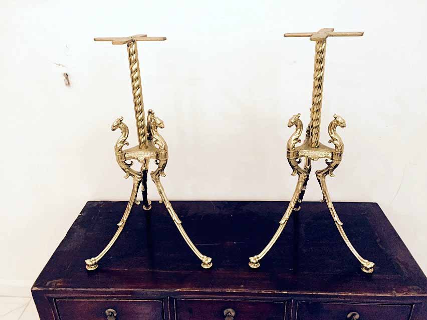 PAIR BRASS FIGURAL 3 LEG TABLE BASES, (NO TABLE TOPS (1 of 5)