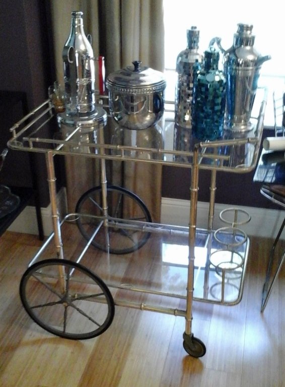 MID CENTURY CHROME FAUX BAMBOO BAR CART ON WHEELS, (1 of 1)