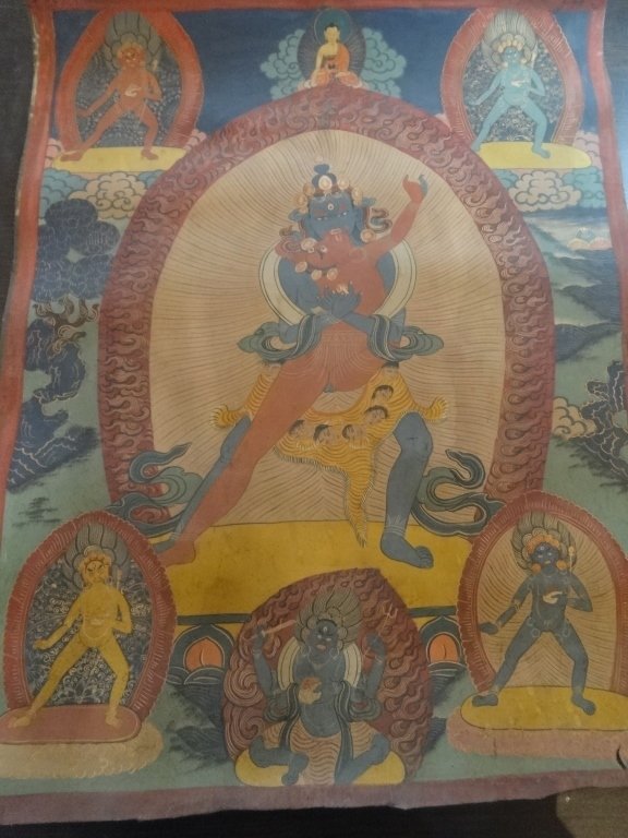 VINTAGE TIBETAN THANGKA PAINTED ON LEATHER, VERY GOOD (1 of 9)