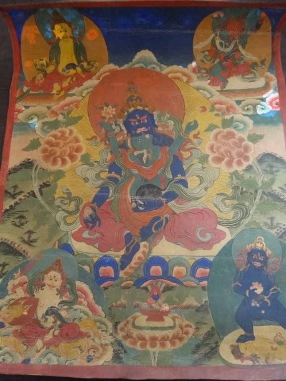 VINTAGE TIBETAN THANGKA PAINTED ON LEATHER, VERY GOOD (1 of 8)