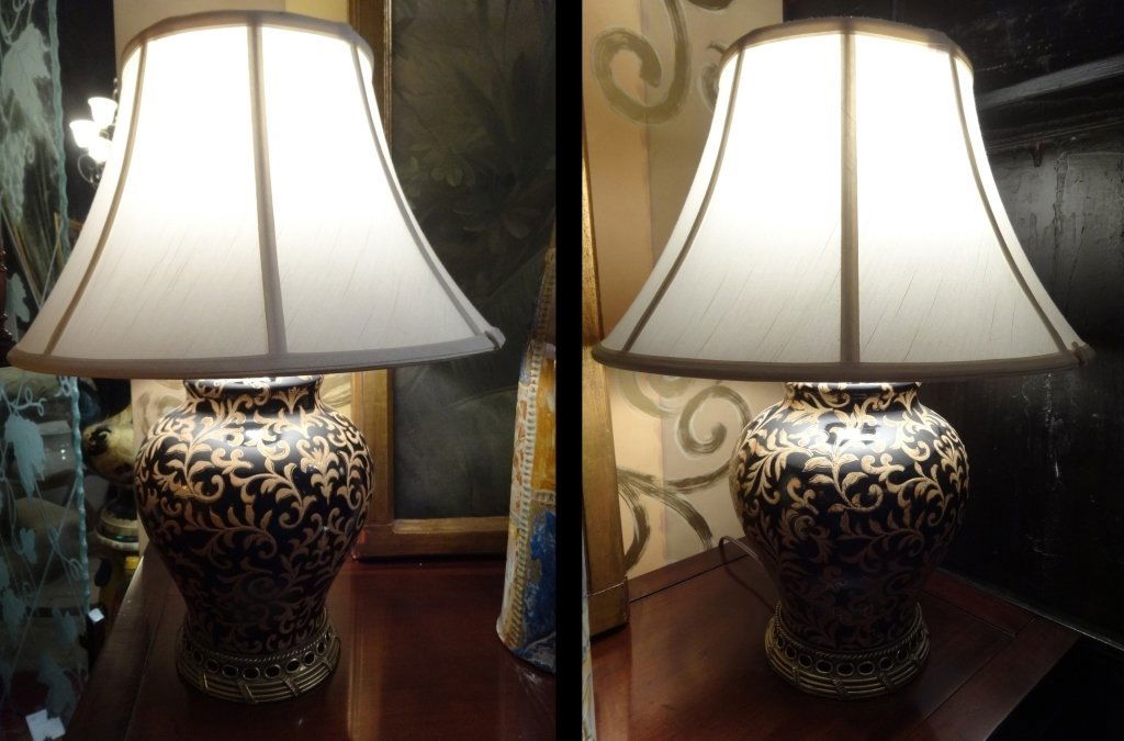 PAIR BLACK AND GOLD URN STYLE LAMPS, FOLIATE DESIGNS, (1 of 6)
