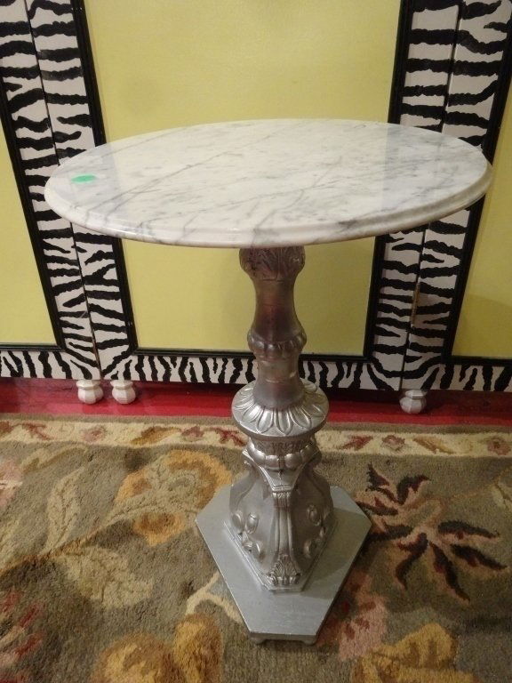 MARBLE TOP SIDE TABLE, SILVER FINISH WOOD BASE, APPROX (1 of 4)
