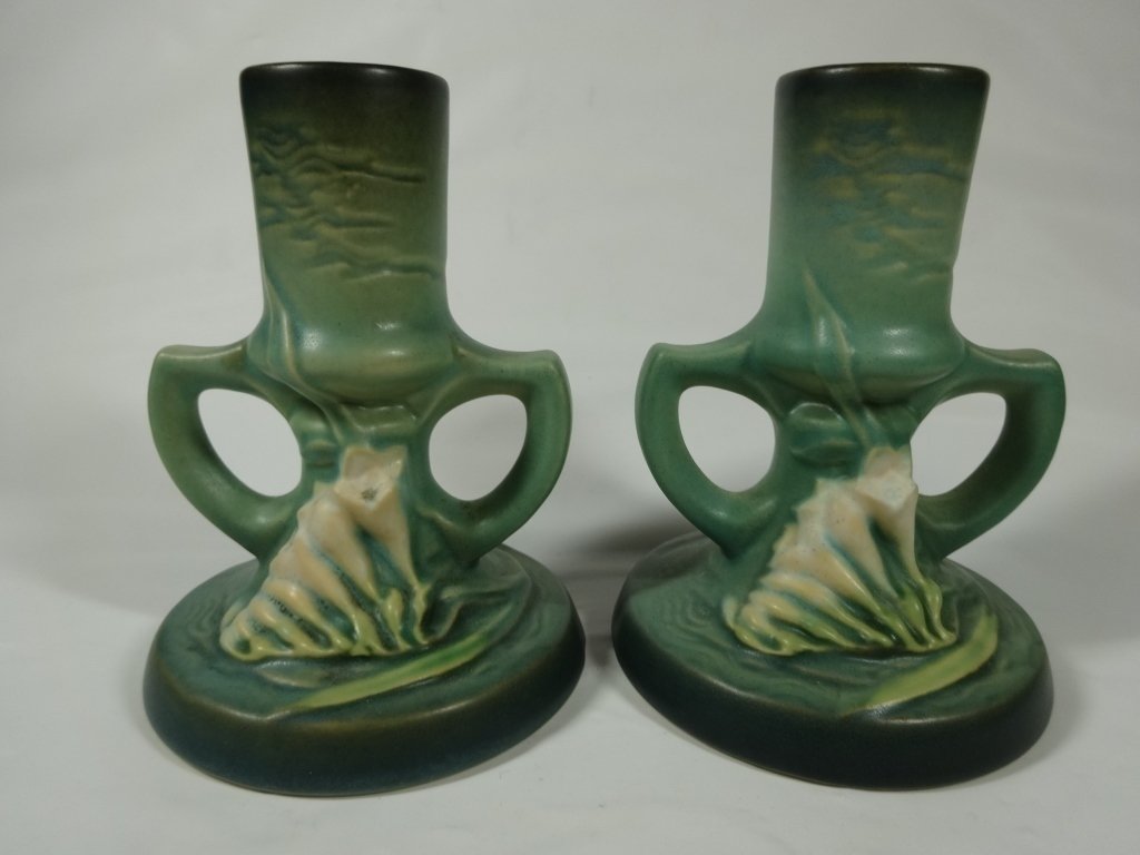 ROSEVILLE POTTERY FREESIA PAIR OF CANDLESTICKS, GREEN, (1 of 5)
