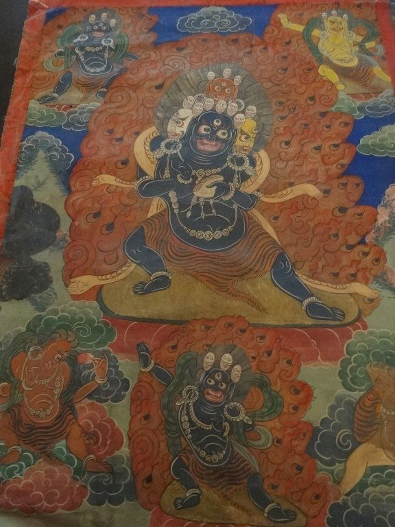 VINTAGE TIBETAN THANGKA PAINTED ON LINEN, 25"W X 34"H, (1 of 8)