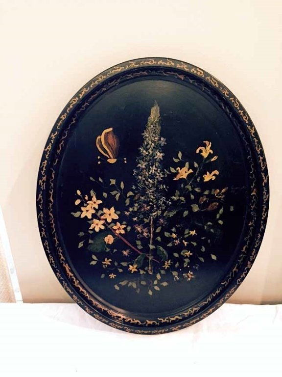TOLE PAINTED OVAL METAL TRAY, BLACK WITH FLORALS, (1 of 3)