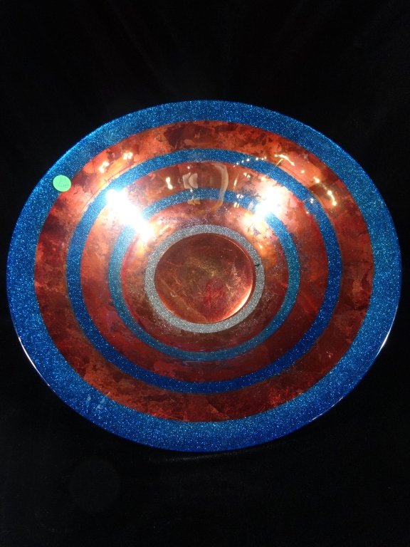 LARGE ART GLASS PLATTER, ORANGE, METALLIC BLUE, AND (1 of 7)