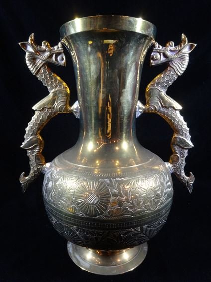 ETCHED BRASS URN WITH DRAGON HANDLES, 12" X 10", (1 of 10)