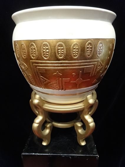 GOLD AND WHITE CERAMIC PLANTER ON GOLD WOOD STAND, (1 of 6)