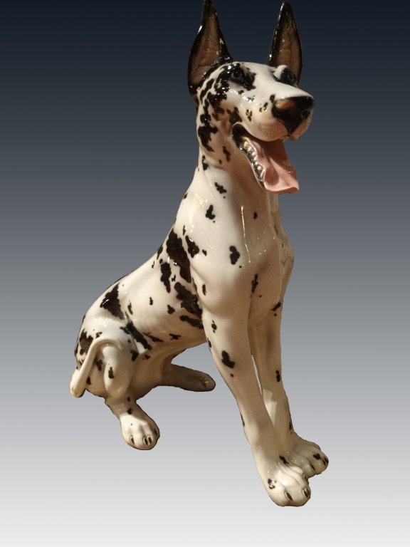 LARGE CERAMIC DOG SCULPTURE, WHITE WITH BLACK SPOTS, (1 of 1)