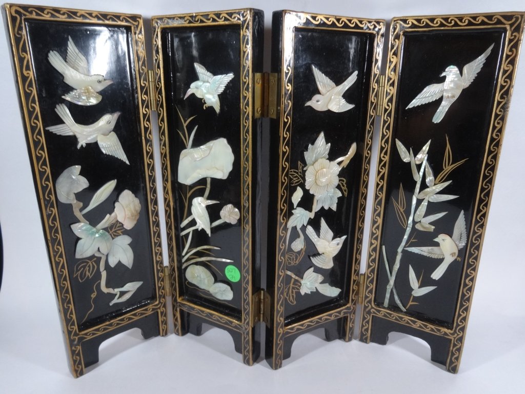 CHINESE TABLE TOP 4 PANEL SCREEN, STONE BIRDS AND (1 of 7)