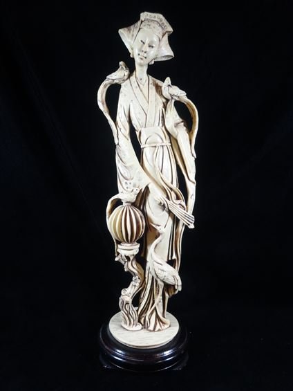 CHINESE WOMAN WITH BIRDCAGE SCULPTURE, RESIN ON WOOD (1 of 10)