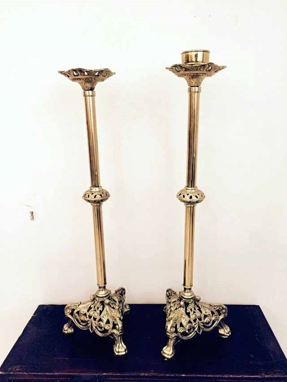PAIR LARGE BRASS CHURCH ALTAR CANDLESTICKS, TRIANGULAR (1 of 6)