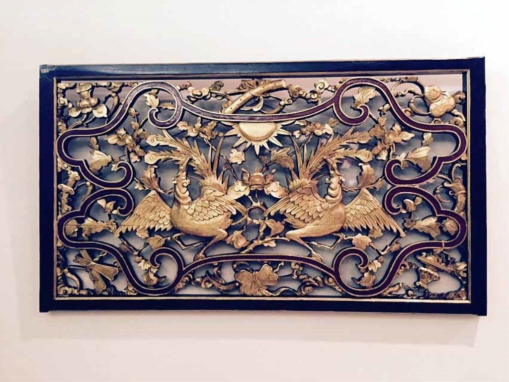 LARGE CHINESE CARVED GILT WOOD PLAQUE, BIRDS & FOLIAGE, (1 of 7)