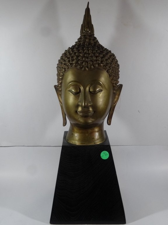 LARGE METAL BUDDHA HEAD SCULPTURE ON WOOD BASE, 19.5"H (1 of 10)