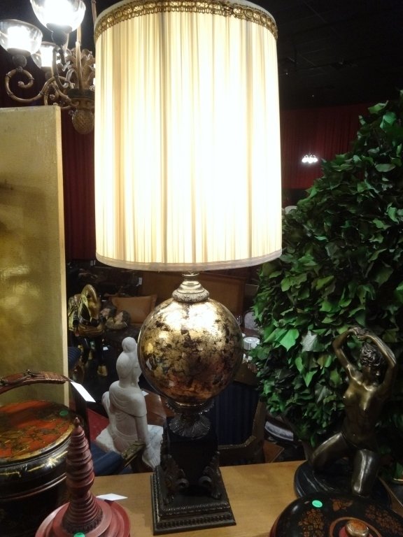 LARGE MID CENTURY GLASS AND METAL BALL LAMP, GOLD: LARGE MID CENTURY GLASS AND METAL BALL LAMP, GOLD METALLIC GLASS ORB SUPPORTED BY ACANTHUS LEAF BASE, APPROX 40"H, SKU216.02