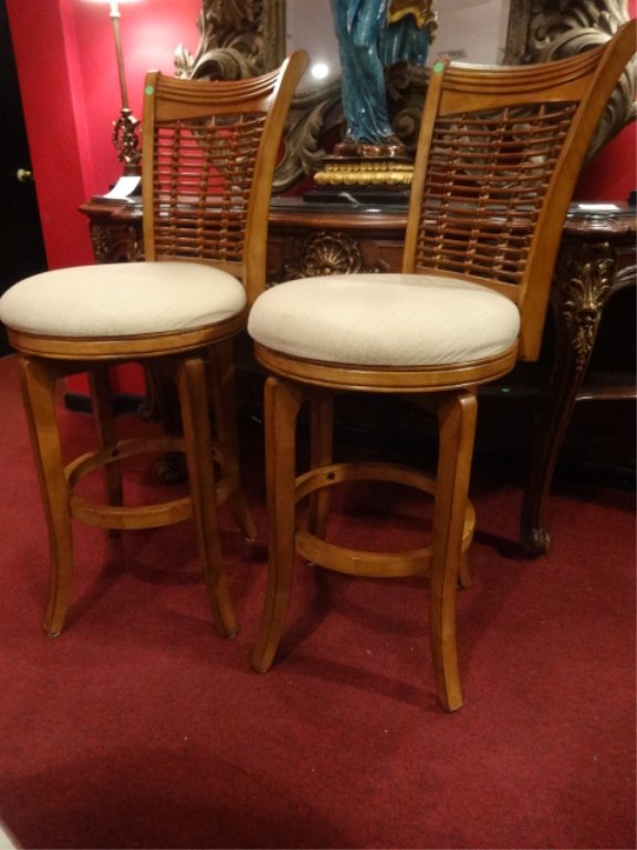 PAIR CONTEMPORARY SWIVEL BARSTOOLS, MEDIUM FINISH, (1 of 5)