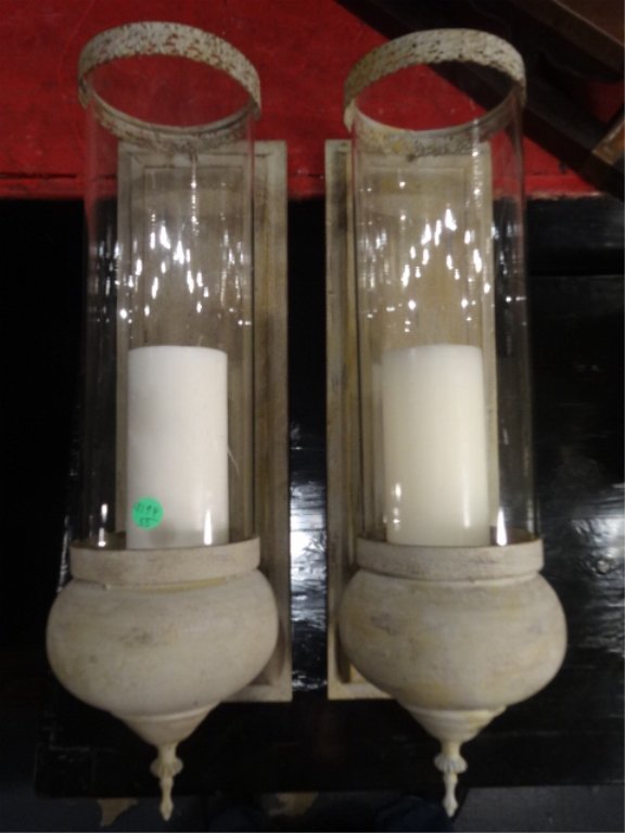 PAIR METAL WALL CANDLE SCONCES, GLASS SHADES, OFF WHITE (1 of 4)