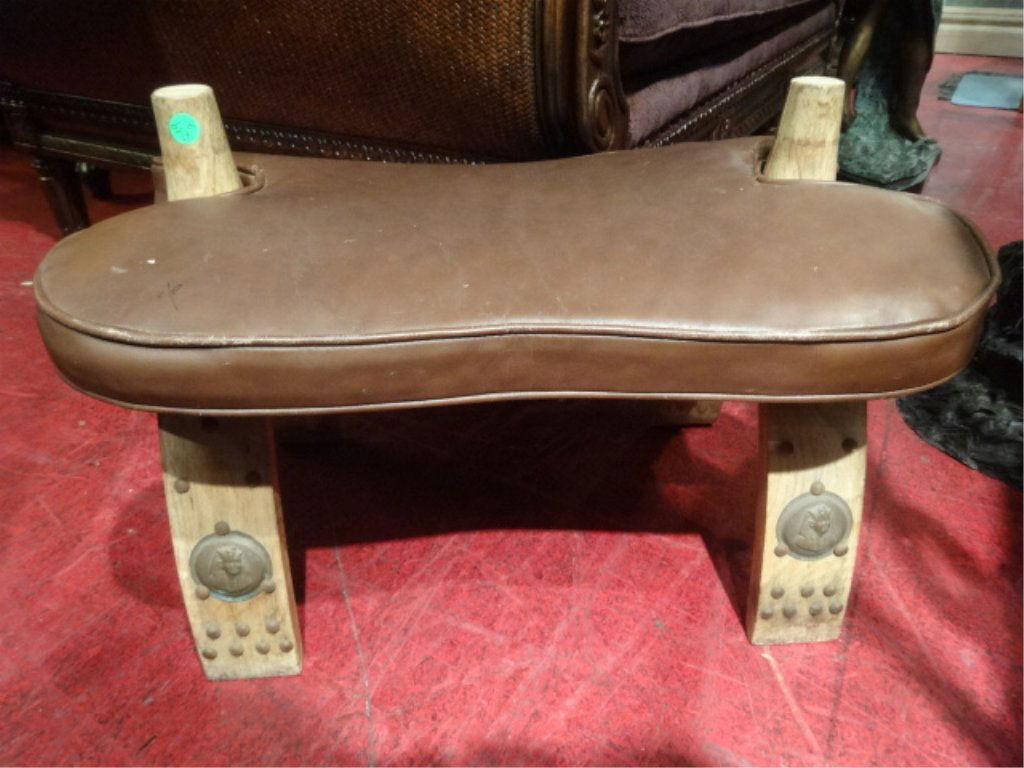 VINTAGE LEATHER CAMEL SADDLE STOOL, GOOD CONDITION, (1 of 3)