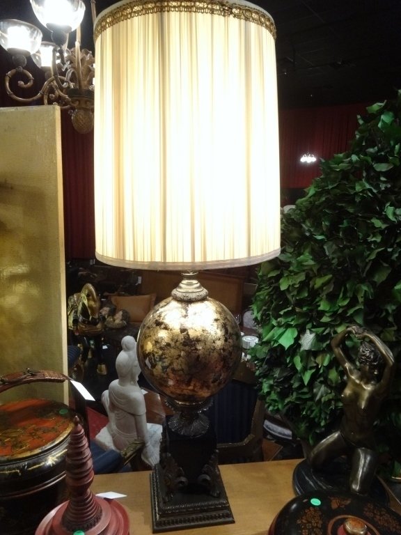 LARGE MID CENTURY GLASS AND METAL BALL LAMP, GOLD: LARGE MID CENTURY GLASS AND METAL BALL LAMP, GOLD METALLIC GLASS ORB SUPPORTED BY ACANTHUS LEAF BASE, APPROX 40"H, SKU216.02