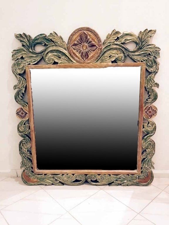 LARGE POLYCHROME CARVED WOOD MIRROR, ELABORATE LEAVES (1 of 6)