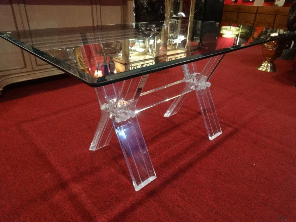 MODERN LUCITE DINING TABLE, X BASE, GLASS TOP, TOP IS (1 of 6)
