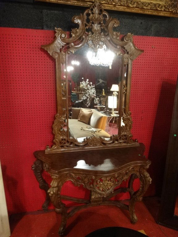 ROCOCO CARVED WOOD CONSOLE TABLE WITH MIRROR, RICHLY (1 of 7)