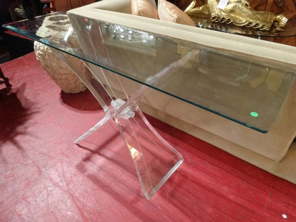 LUCITE X BASE CONSOLE TABLE, GLASS TOP, MATCHING PAIR (1 of 4)