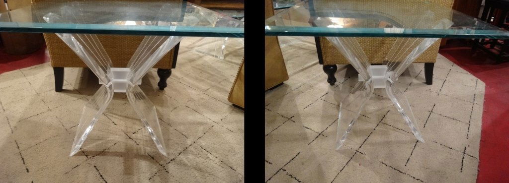 PAIR LUCITE X BASE SIDE TABLES, GLASS TOPS, MATCHING (1 of 9)