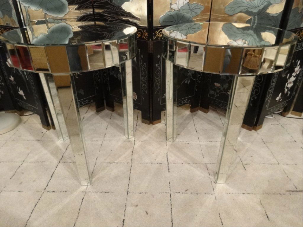 PAIR MIRRORED ROUND SIDE TABLES, 3 MIRRORED LEGS, VERY (1 of 7)