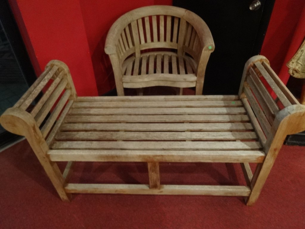 2 PC TEAK BENCH AND ARMCHAIR PATIO SET, VERY GOOD (1 of 4)