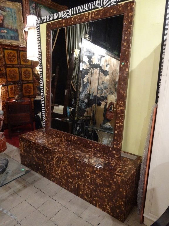 TESSELATED COCONUT AND WOOD TILE CABINET AND MIRROR, (1 of 10)