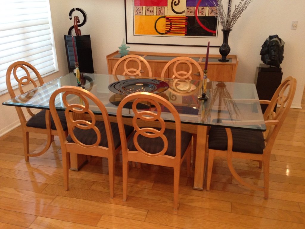 CENTURY FURNITURE MODERN DINING TABLE & 6 CHAIRS, LIGHT: CENTURY FURNITURE MODERN DINING TABLE & 6 CHAIRS, LIGHT FINISH, CHARCOAL GRAY STRIPED UPHOLSTERY, EXCELLENT GENTLY USED CONDITION