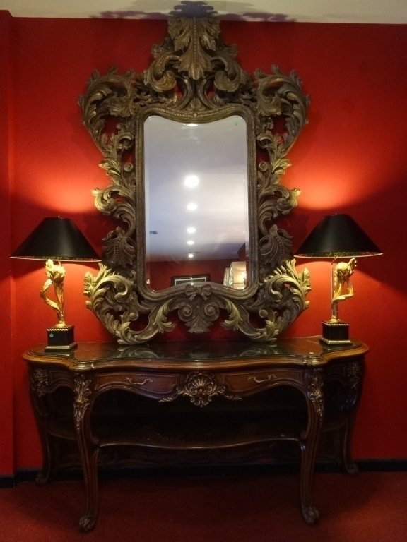HUGE ROCOCO CARVED WOOD MIRROR, SILVER GRAY FINISH, (1 of 9)