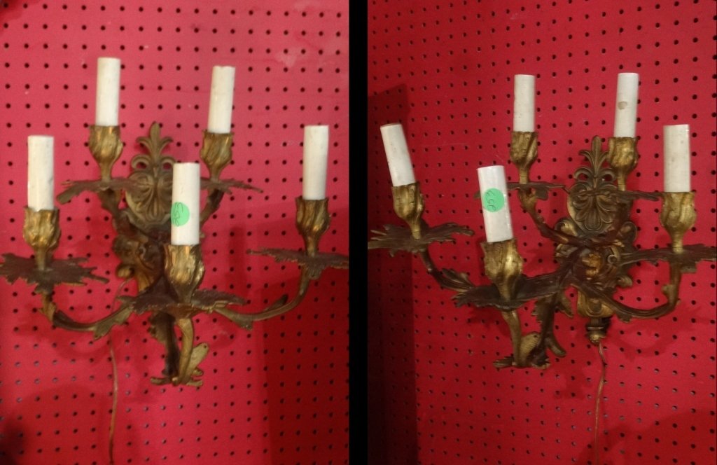 PAIR VINTAGE GILT BRONZE WALL SCONCES, 5 LIGHTS EACH, (1 of 6)