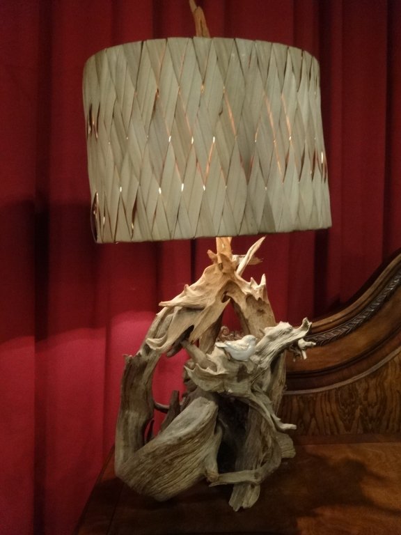 TALL DRIFTWOOD LAMP, OVAL RATTAN SHADE, WITH PORCELAIN (1 of 5)