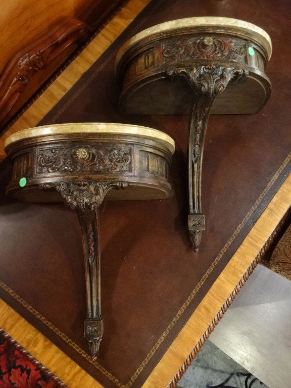 PAIR ANTIQUE DEMI LUNE WALL MOUNT TABLES, MARBLE TOPS, (1 of 6)