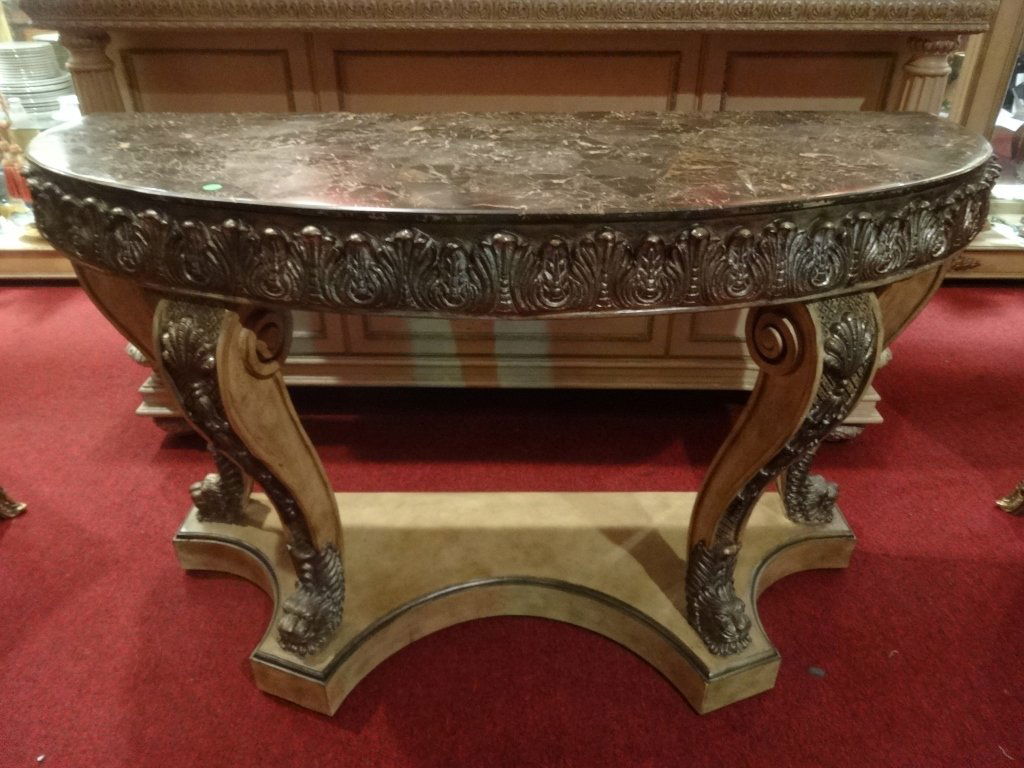 MARBLE TOP BOW FRONT CONSOLE TABLE, CARVED LION'S HEAD (1 of 6)
