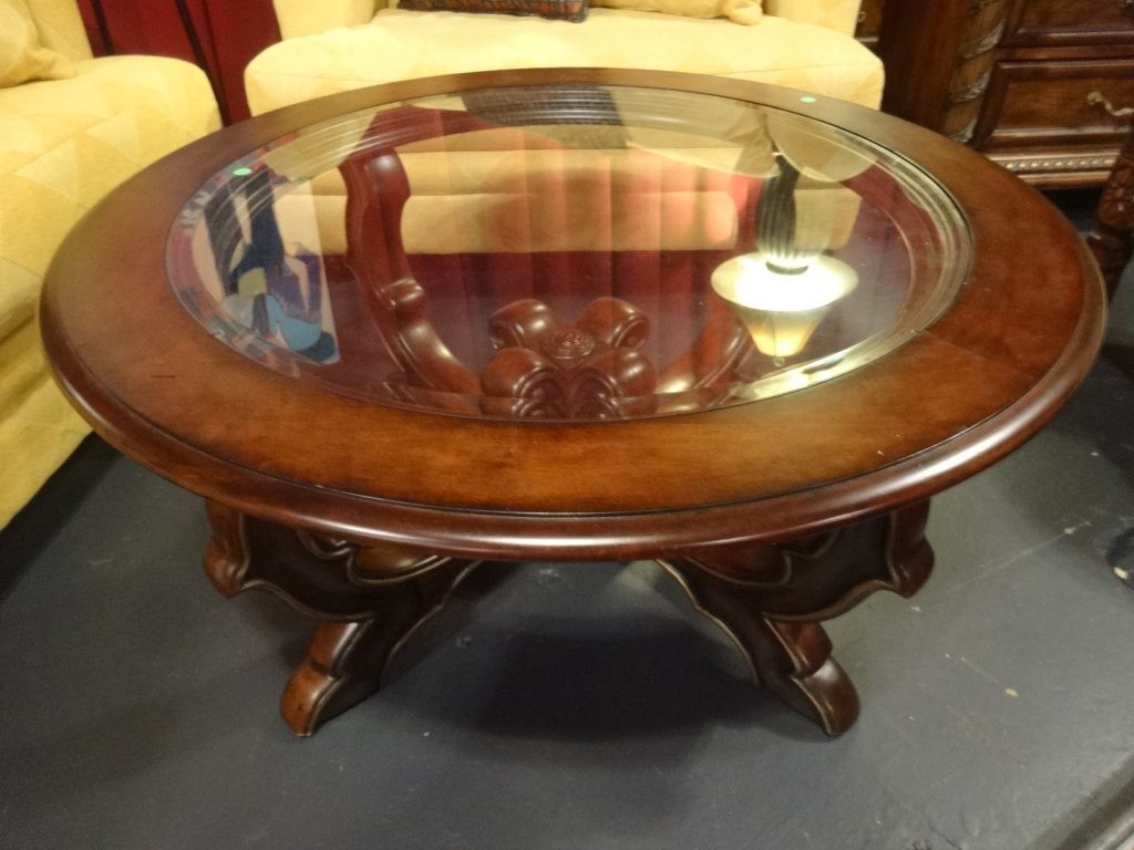 ROUND WOOD COFFEE TABLE, DARK FINISH, GLASS INSET TOP, (1 of 4)